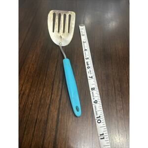 Rare color EKCO 10” Slotted Spatula Chromium w/Turquoise teal aqua Handle Vtg